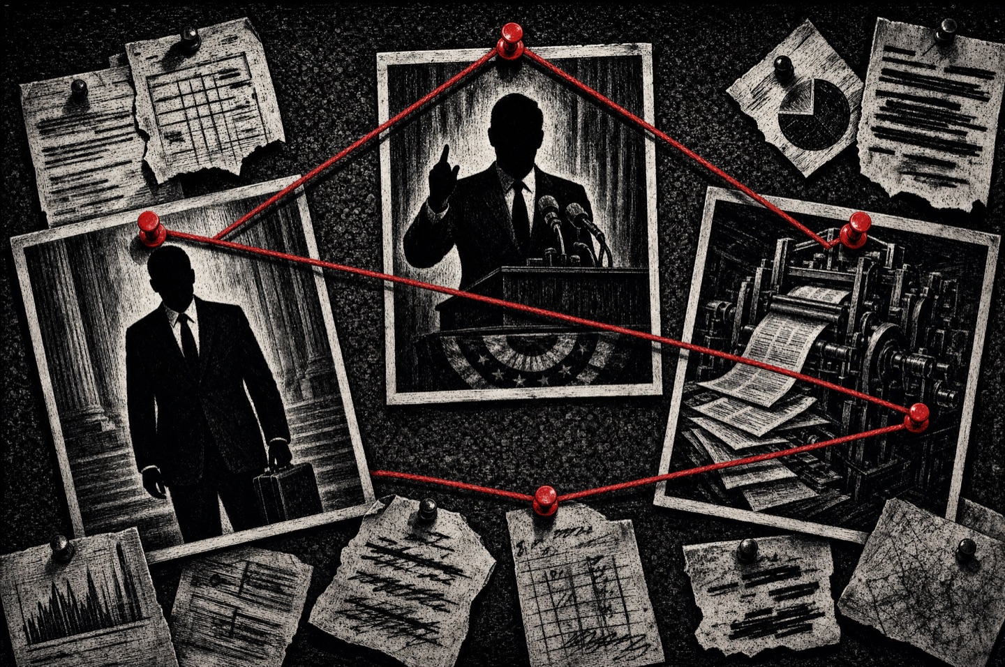 Illustration: an investigation pinboard with three silhouettes — an attorney with a briefcase, a politician at a podium, and a newspaper printing press — connected by red string.