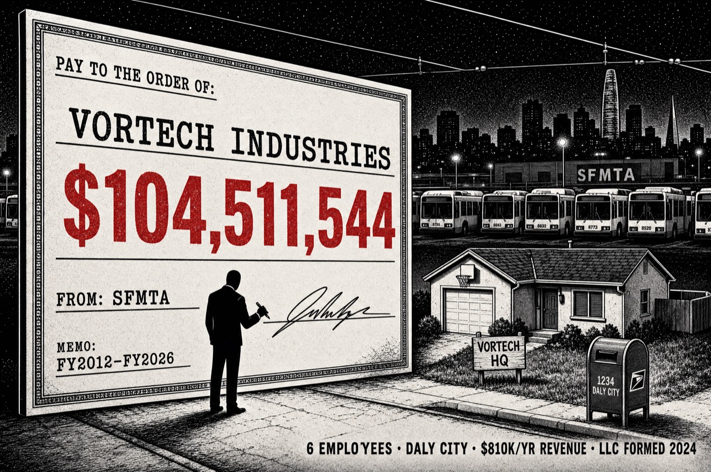 SFMTA: $104.5M paid to 'Vortech Industries' — a 6-employee Daly City LLC formed in 2024 with $810K annual revenue