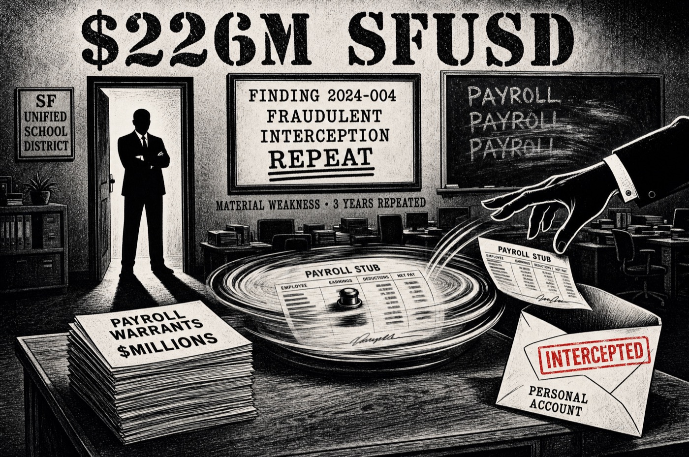 SFUSD: a payroll stub redirected mid-spin into a personal account while a supervisor watches and does nothing